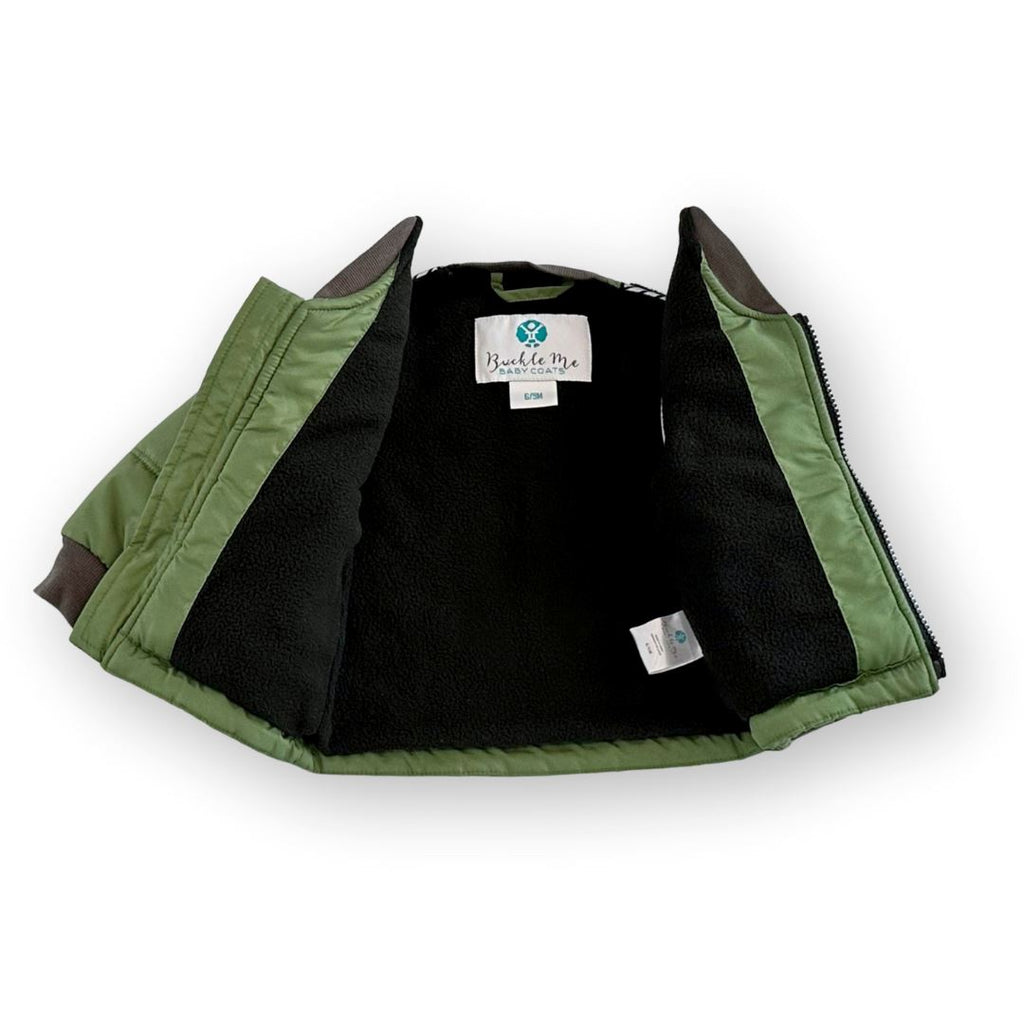 Puff/Green 
green car seat coat with charcoal grey sherpa interior. the coat is open showing the inside