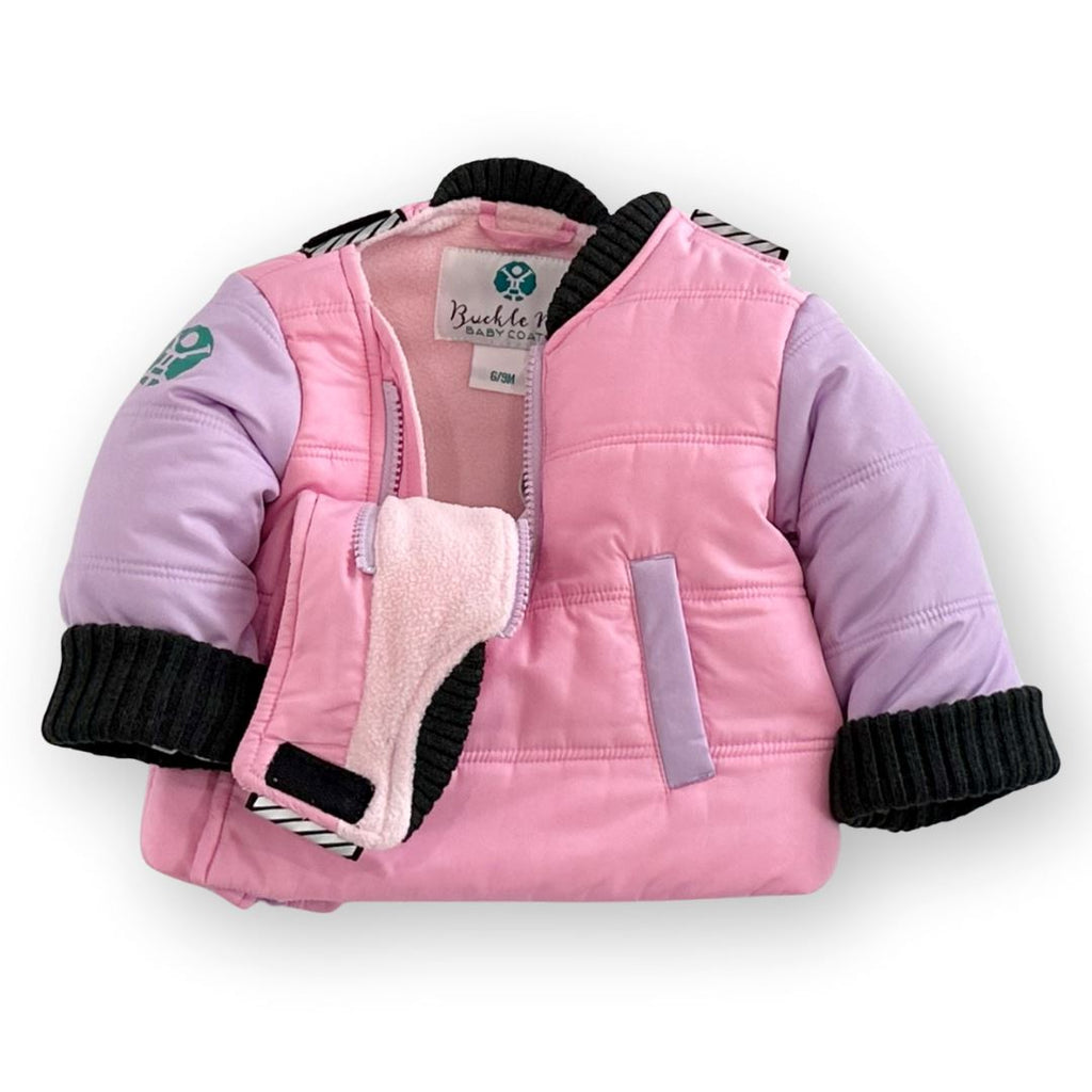 Powerpuff/Pink/Purple
Pink coat with purple sleeves is displayed flat on a white background.  The coat is unzipped at the neck and partialled folded down to show the sherpa pink interior,