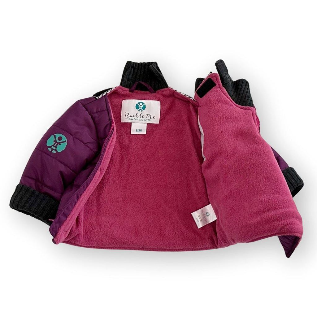 The Jam/Maroon
Purple carseat coat is full unzipped showing the deep pink sherpa interior lining.