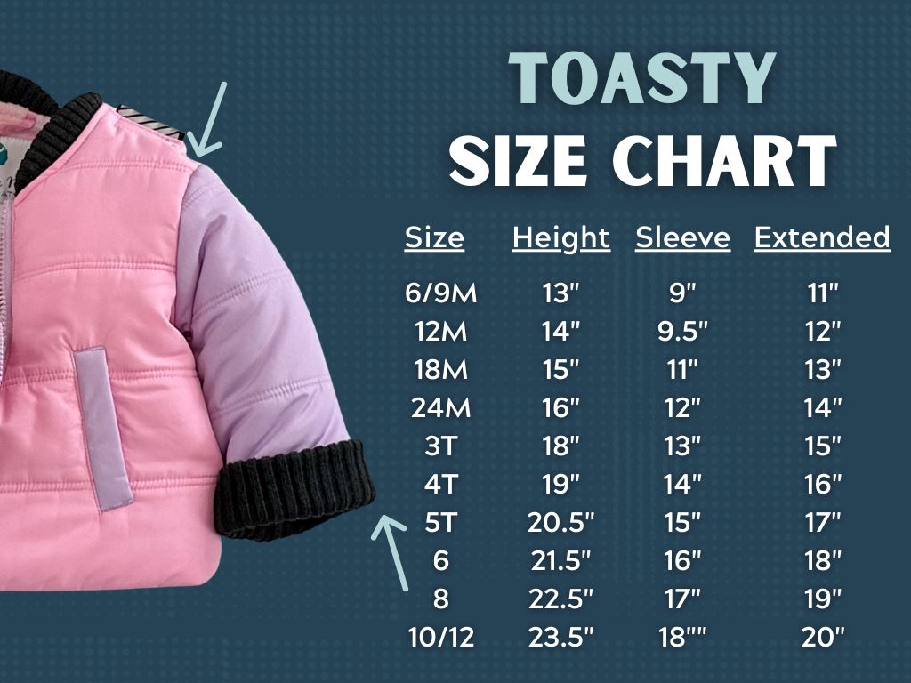 Pink and purple carseat coat is shown next to a size chart.  The chart displayed the sizes available of the coat with corresponding measurements.  There are arrows to depict how to measure for carseat coat sizing.