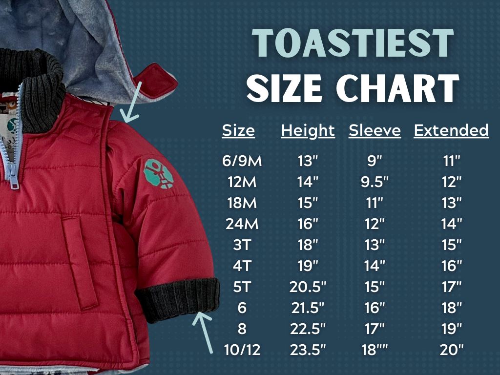 Alpacacoat/Red
Size chart for hooded carseat coat showing how to measure the sleeve length to get the correct size coat.  A corresponding list of lengths and sizes is listed next to the image of the red coat.