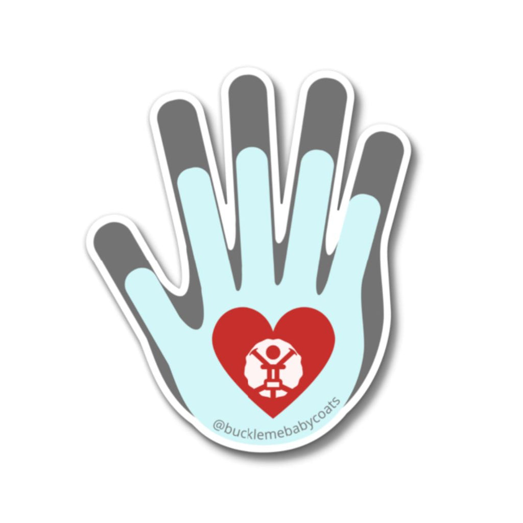 A hand-shape sticker with grey fingertips and a light blue palm. In the center is a red heart featuring a stylized illustration of two hands holding a child.Text at the base of the larger hand reads "@bucklemebabycoats".