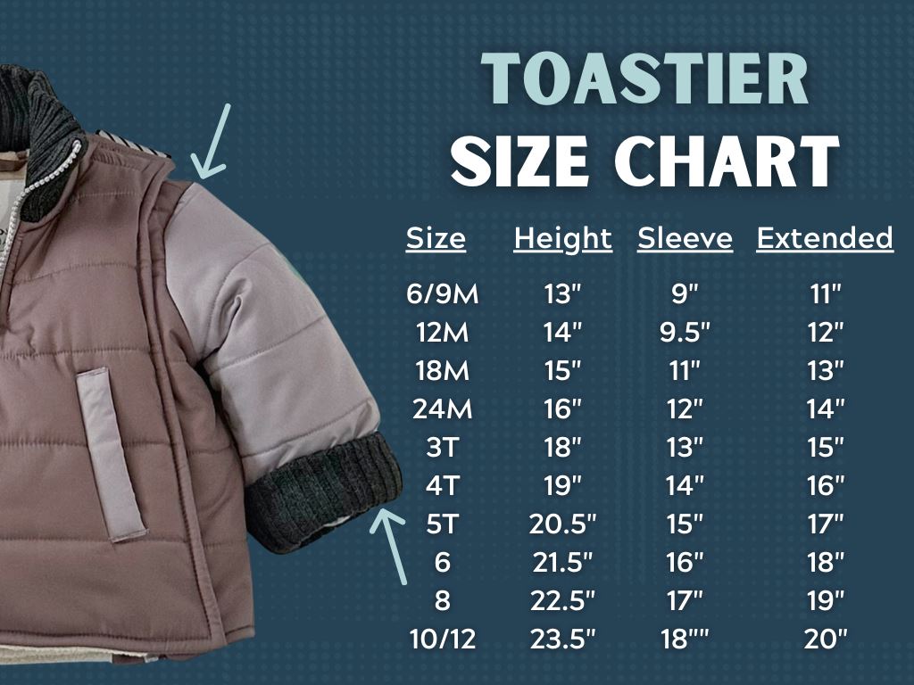 The Adventurer/Brown/Grey
Grey carseat coat is shown on a size chart.  The size chart shows how to measure the sleeves for the correct fit of the carseat coat.  There are sizes listed to go with the measurements of the coat.