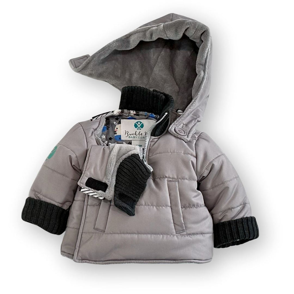 Sub-Zebro/Grey
Grey hooded car seat coat with charcoal grey cuffs is displayed on a white background.  The hood is partially detached and has a pink sherpa interior. 