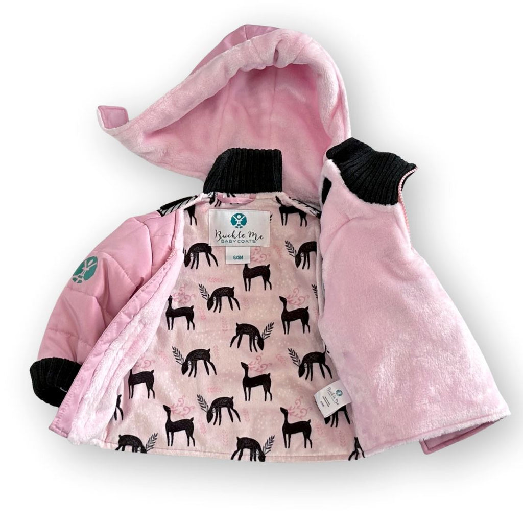 Do-Rae-Mi/Pink
Pink hooded car seat coat with charcoal grey cuffs is displayed on a white background.  The coat has a pink and deer interior. The coat is unzipped and hood partially detached.