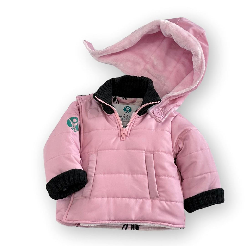 Do-Rae-Mi/Pink
Pink hooded car seat coat with charcoal grey cuffs is displayed on a white background.  The hood is partially detached and has a pink sherpa interior. 