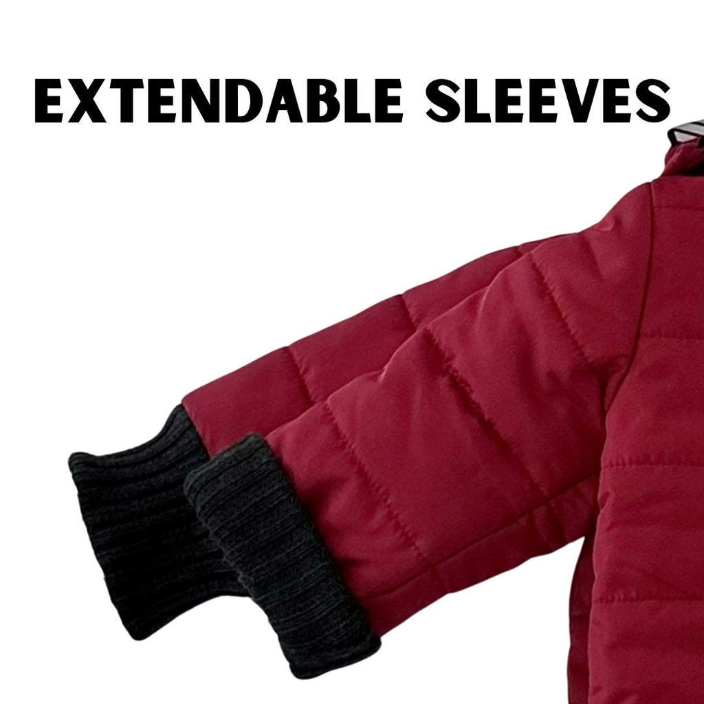 Alpacacoat/Red
Camera is zoomed in on the sleeves of a red carseat coat.  One cuff is rolled up and the other is uncuffed to show the different length options.  